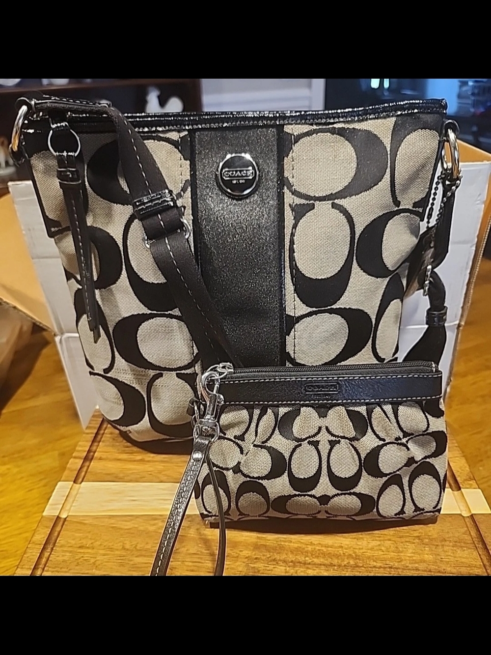 Coach Black and Cream Signature Crossbody with Matching Wristlet